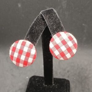 Red and White Checkered Fabric Button Earrings